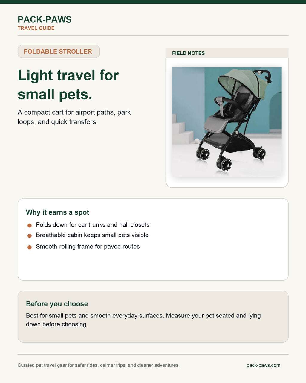 Pack-Paws travel guide card for foldable pet stroller