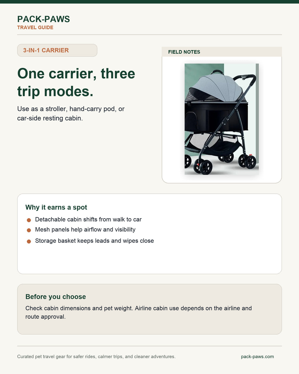 Pack-Paws travel guide card for compact 3-in-1 pet carrier stroller