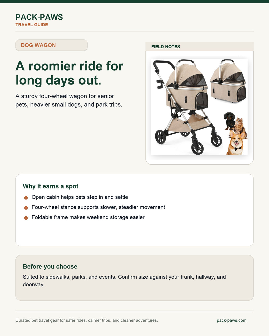 Pack-Paws travel guide card for heavy-duty four-wheel dog wagon
