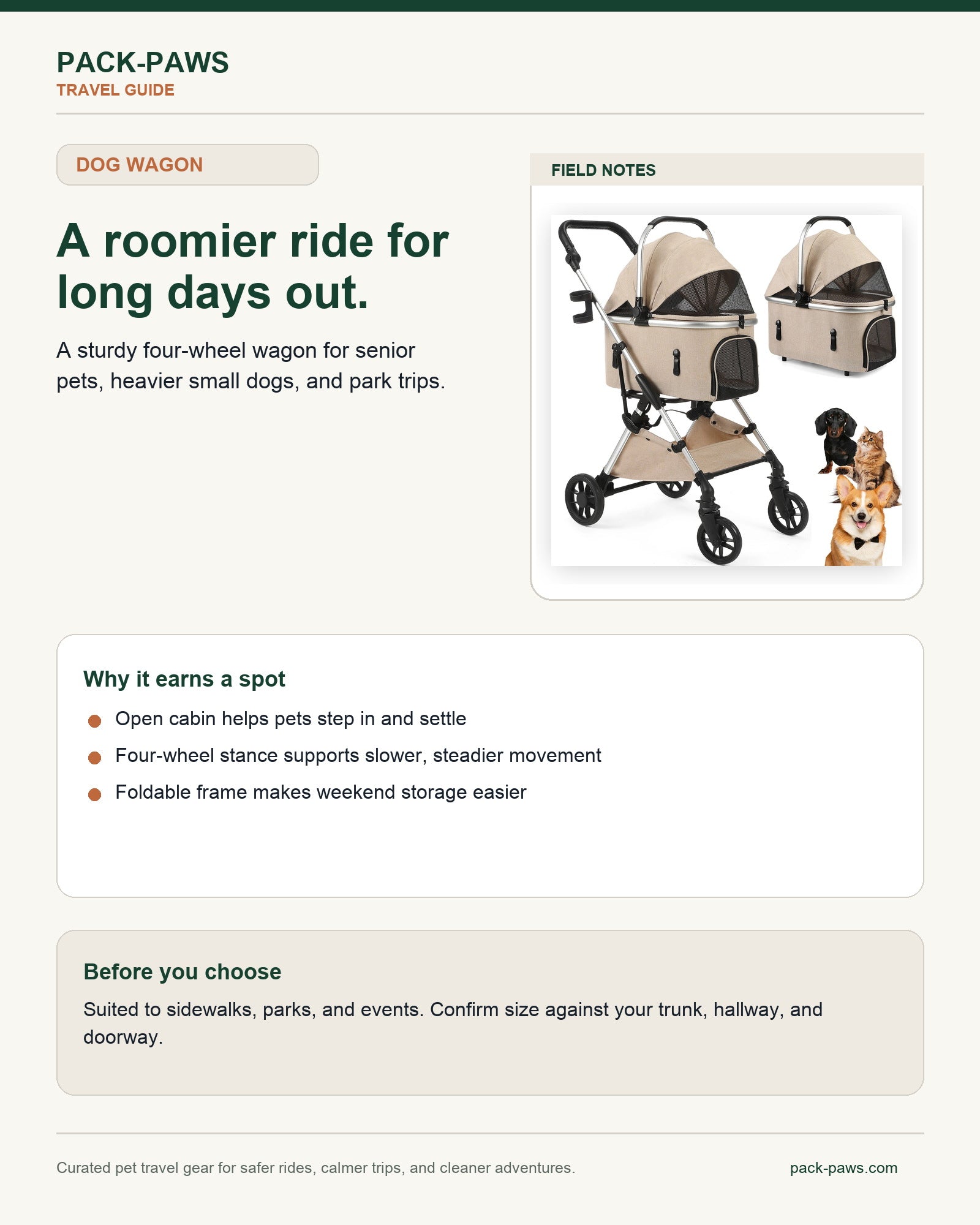 Pack-Paws travel guide card for heavy-duty four-wheel dog wagon