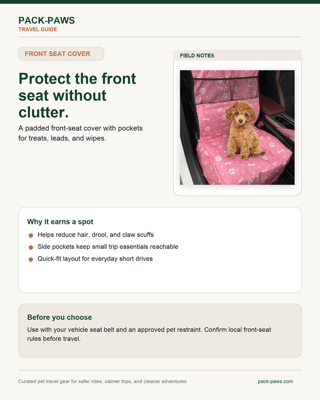 Pack-Paws travel guide card for front seat pet cover with storage pockets