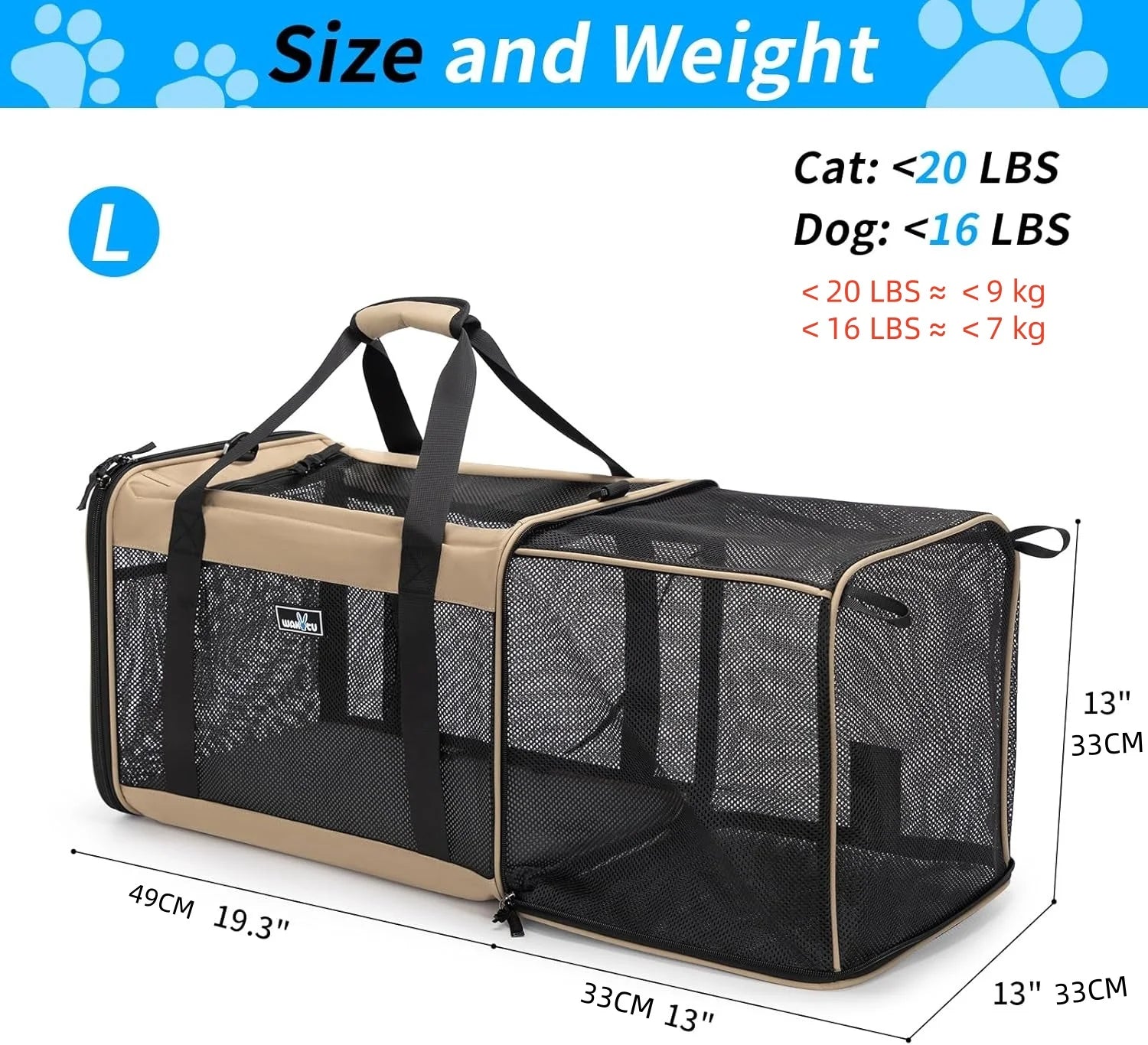 Pack-Paws Expandable 600D Oxford Pet Carrier