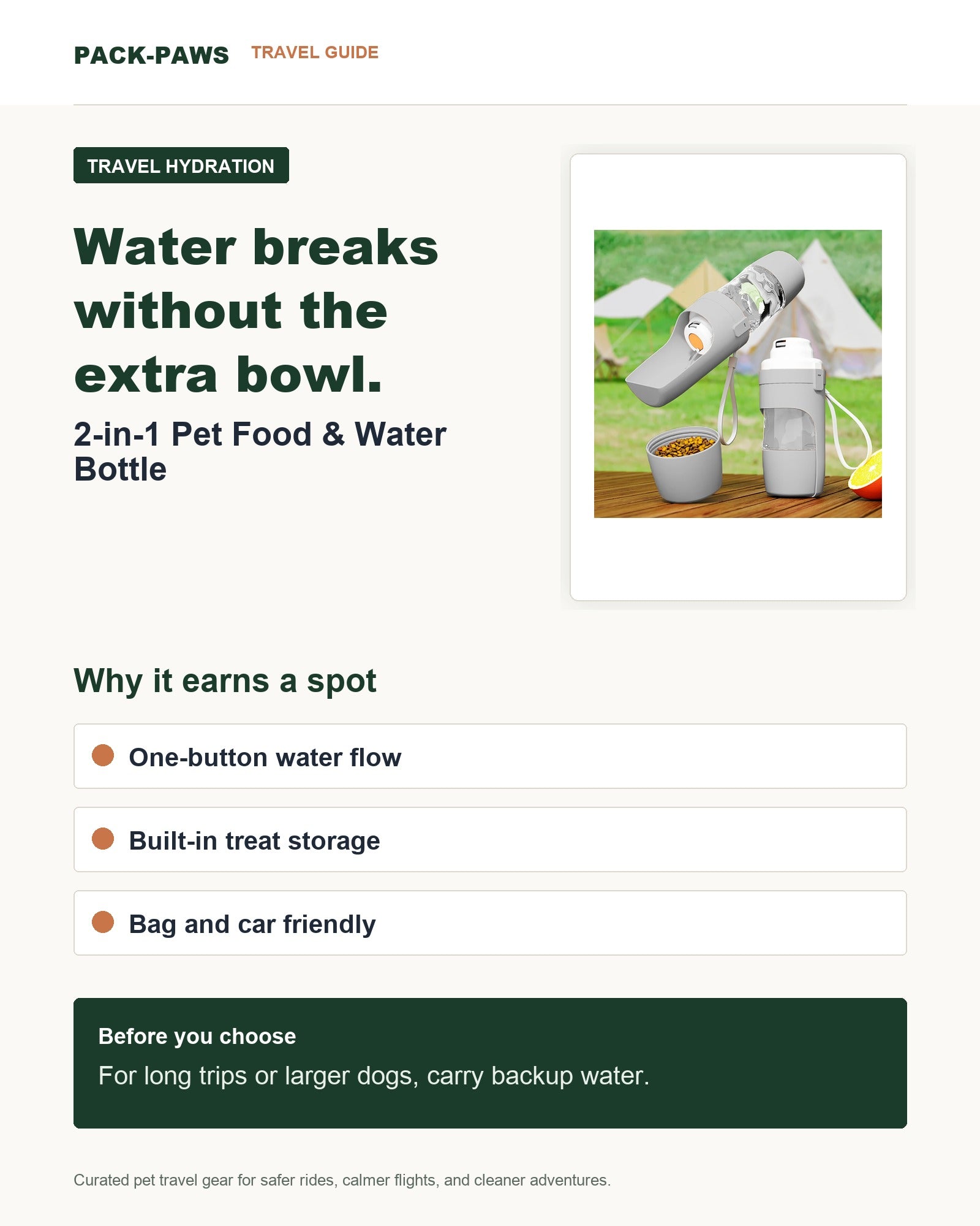 Pack-Paws travel guide card for 2-in-1 pet food and water bottle