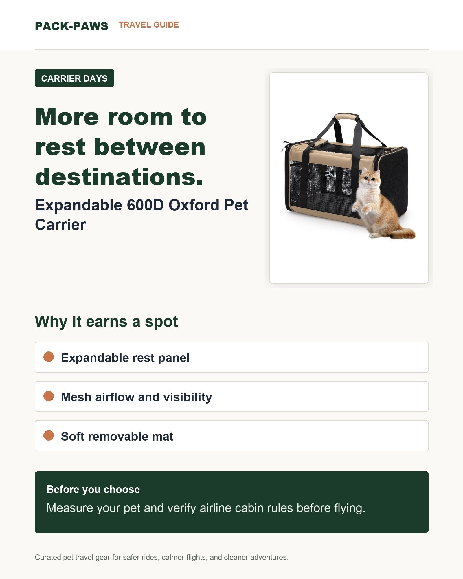 Pack-Paws travel guide card for expandable 600D pet carrier