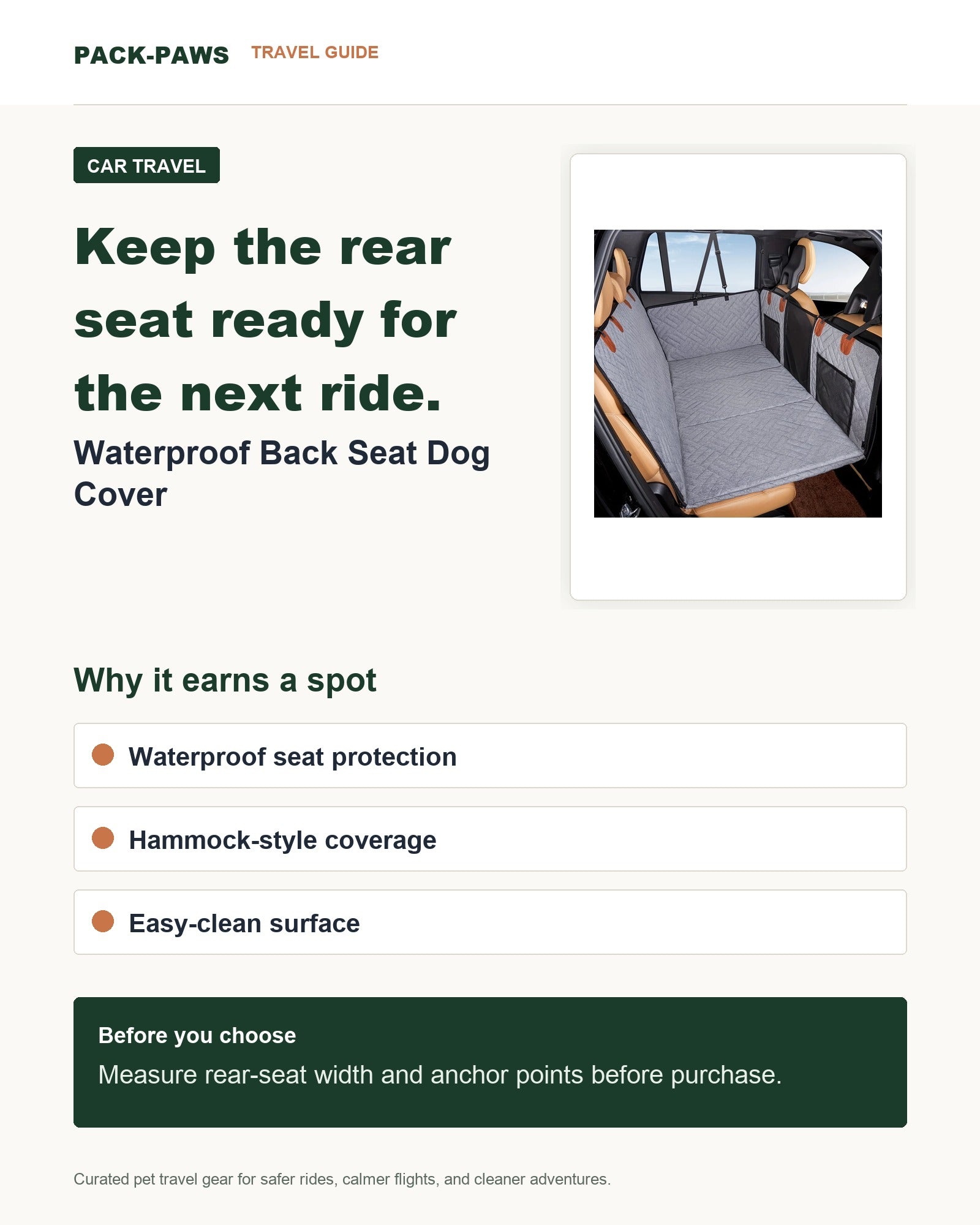Pack-Paws travel guide card for waterproof dog back seat cover