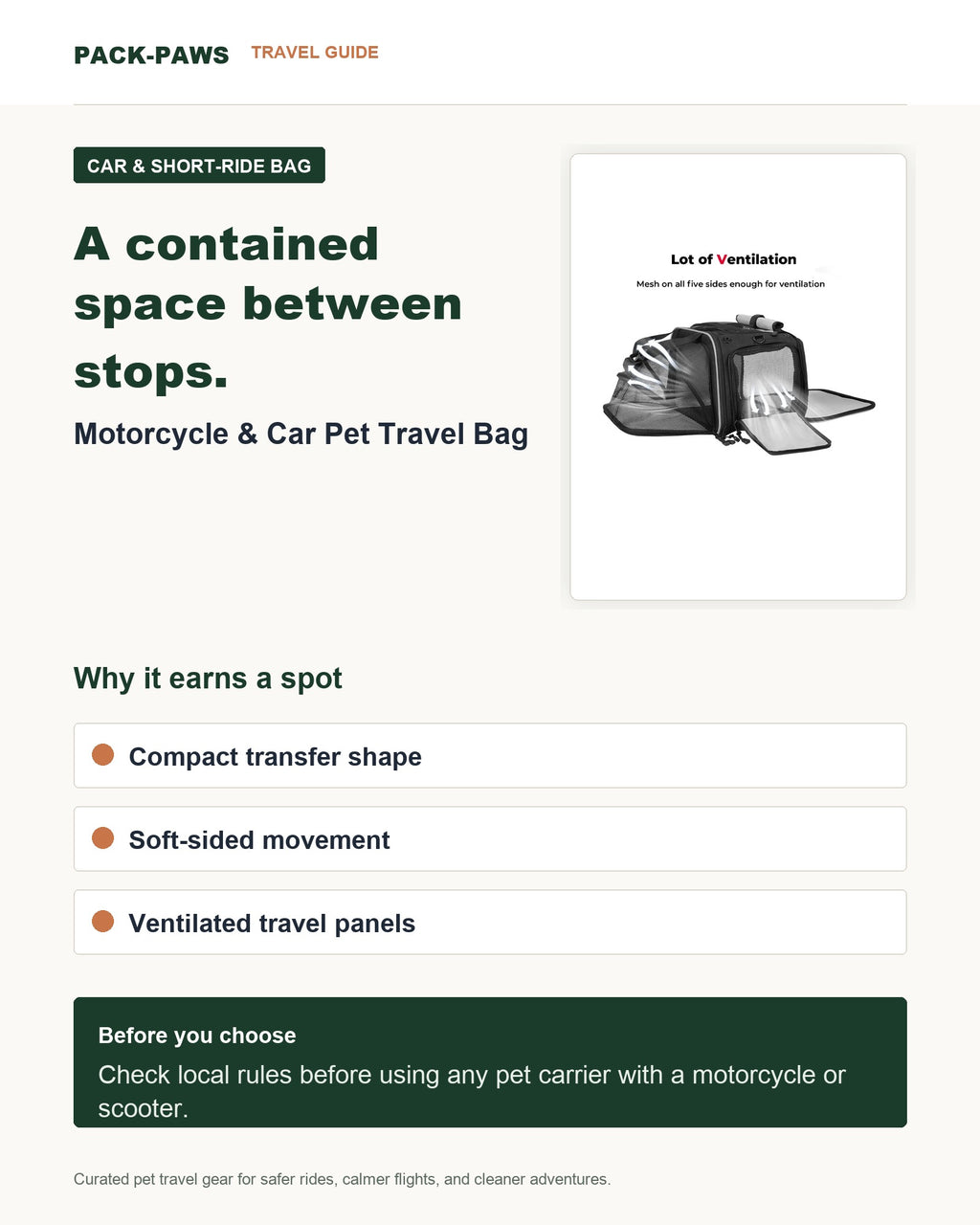Pack-Paws travel guide card for motorcycle & car pet travel bag