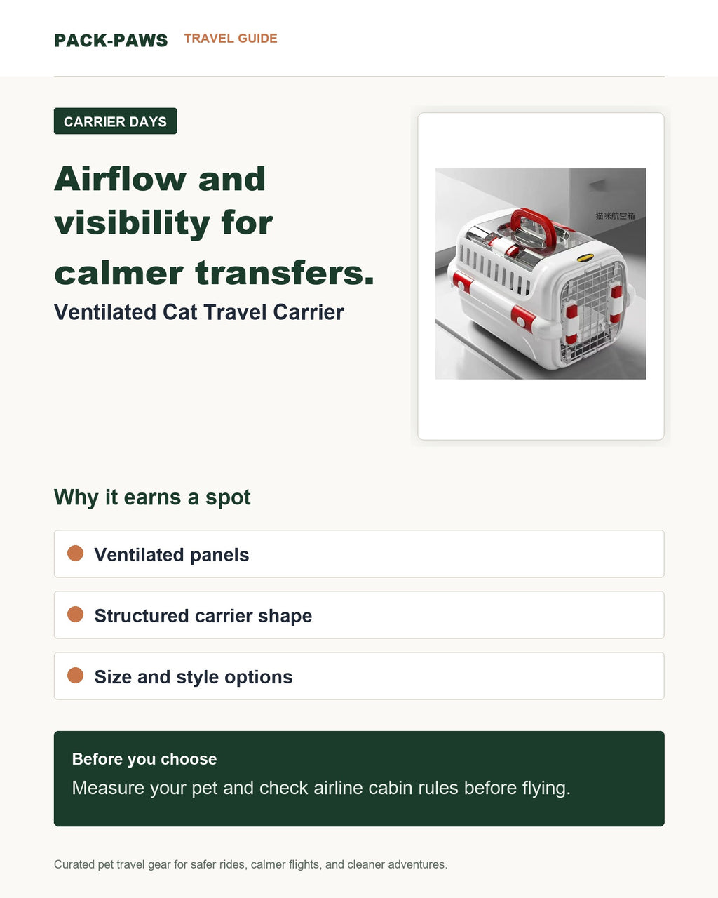 Pack-Paws travel guide card for ventilated cat travel carrier