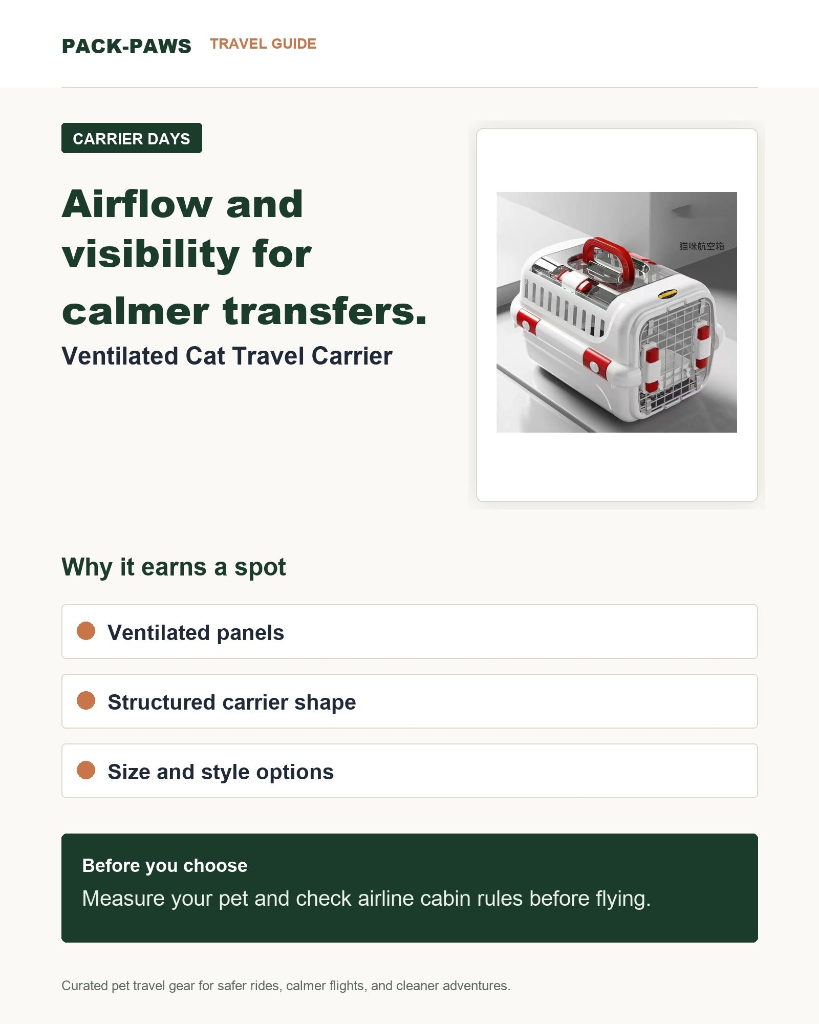 Pack-Paws travel guide card for ventilated cat travel carrier