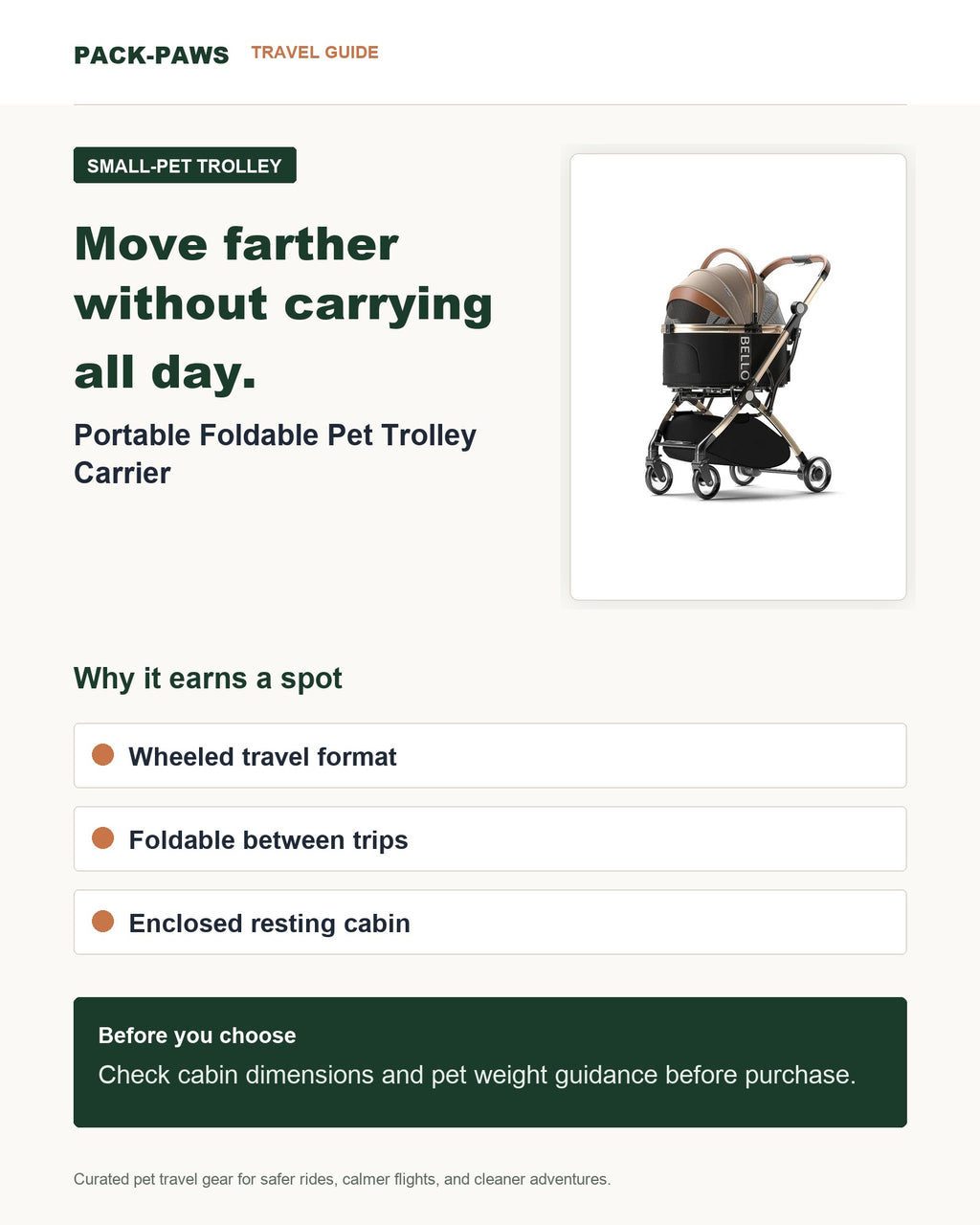 Pack-Paws travel guide card for portable foldable pet trolley carrier