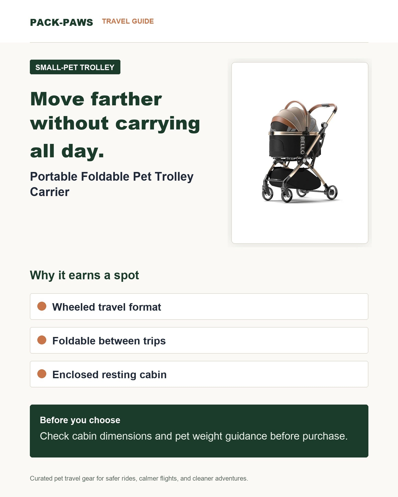 Pack-Paws travel guide card for portable foldable pet trolley carrier