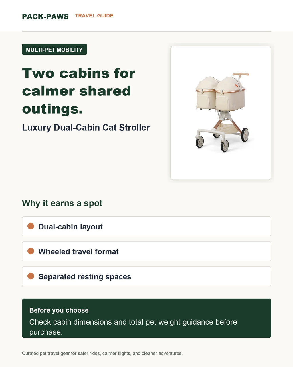 Pack-Paws travel guide card for luxury dual-cabin cat stroller