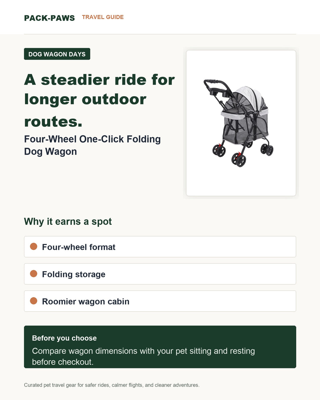 Pack-Paws travel guide card for four-wheel one-click folding dog wagon