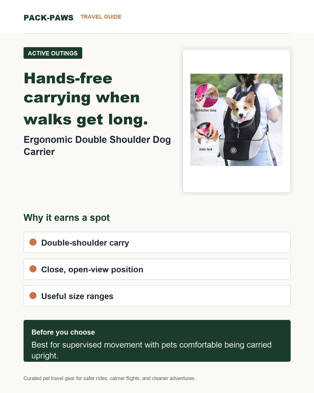 Pack-Paws travel guide card for ergonomic double shoulder dog carrier