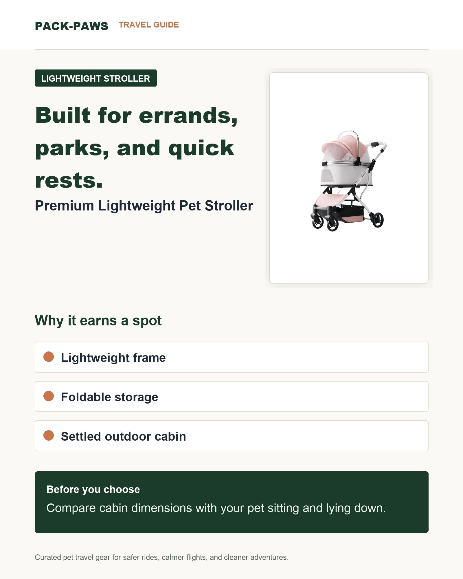 Pack-Paws travel guide card for premium lightweight pet stroller