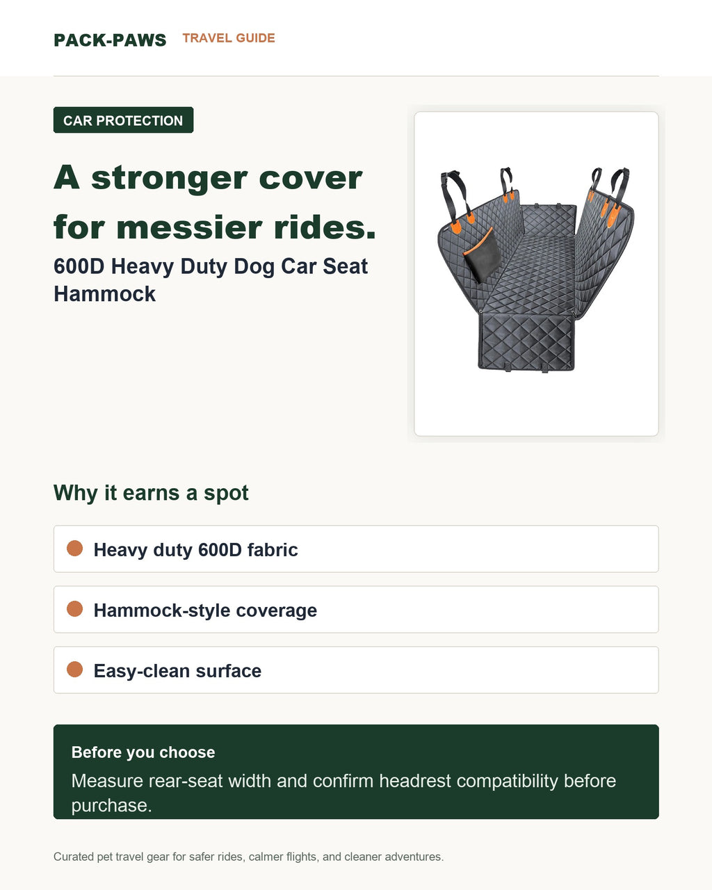 Pack-Paws travel guide card for 600d heavy duty dog car seat hammock