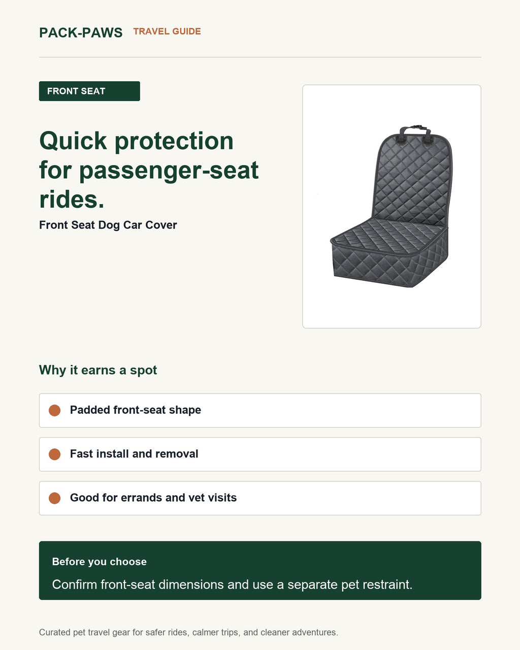 Pack-Paws travel guide card for front seat dog car cover