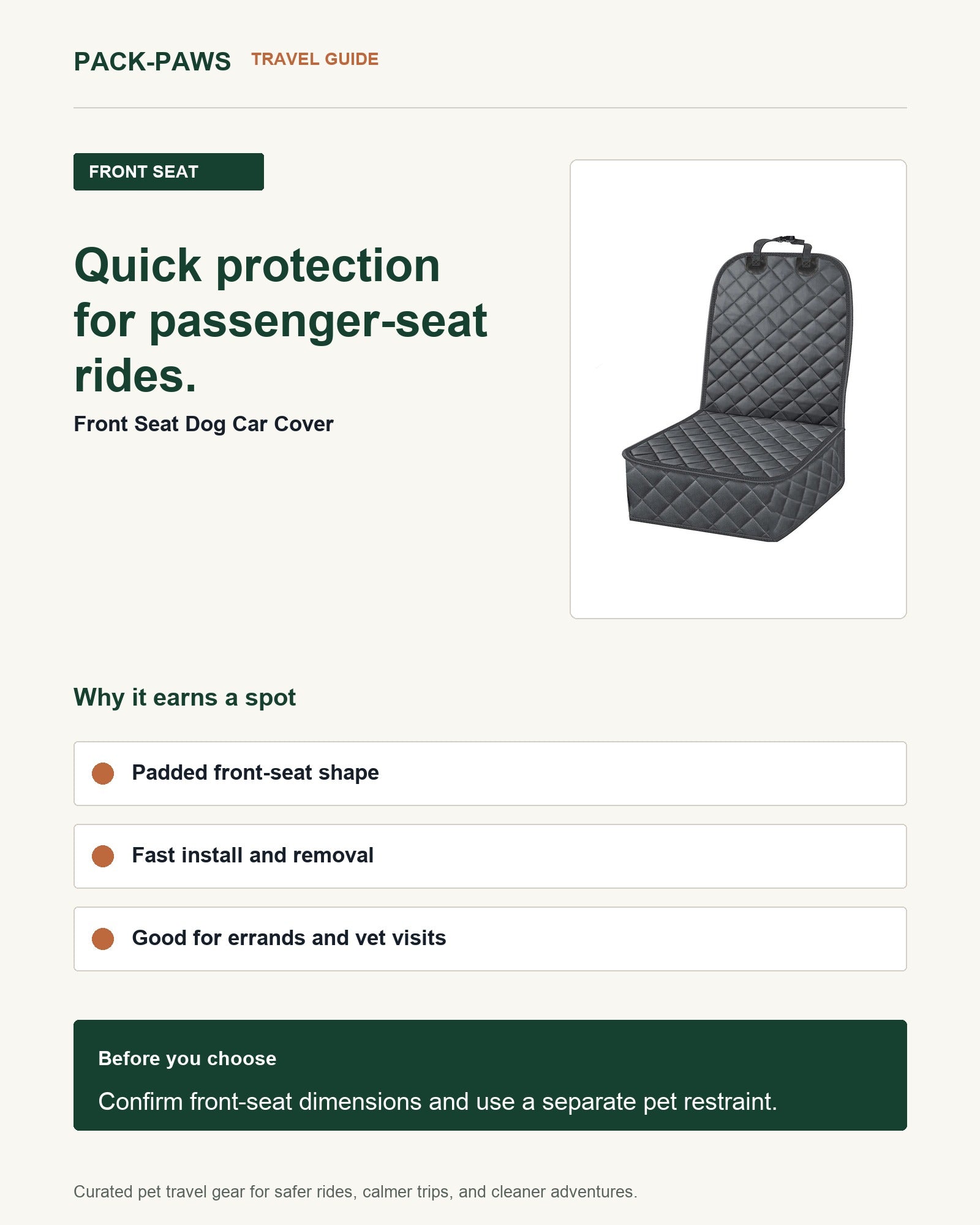 Pack-Paws travel guide card for front seat dog car cover