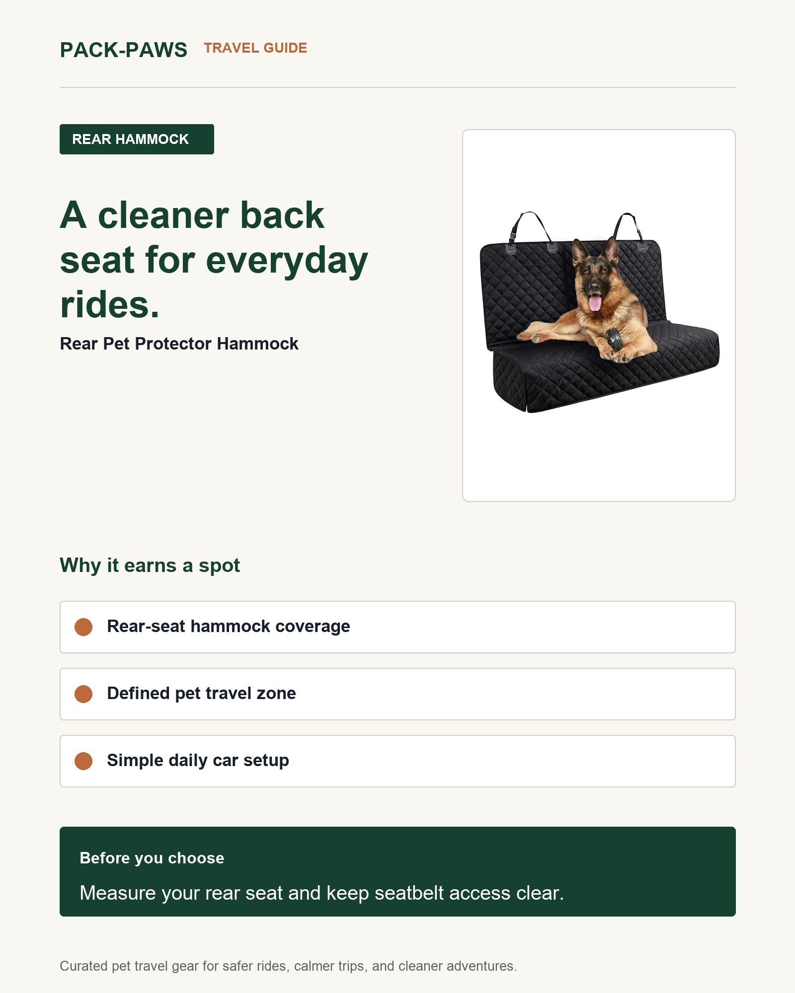 Pack-Paws travel guide card for rear pet protector hammock