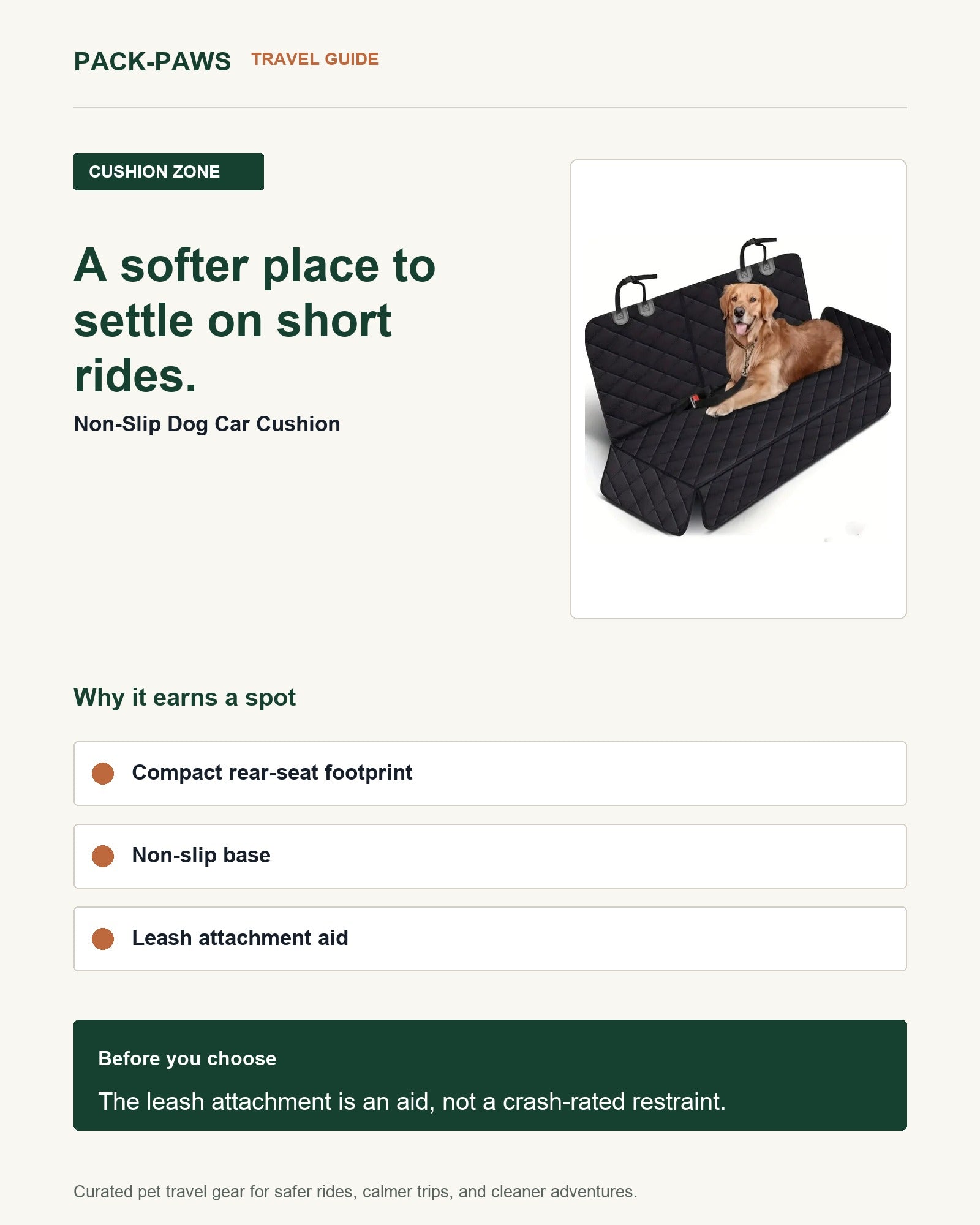 Pack-Paws travel guide card for non-slip dog car cushion