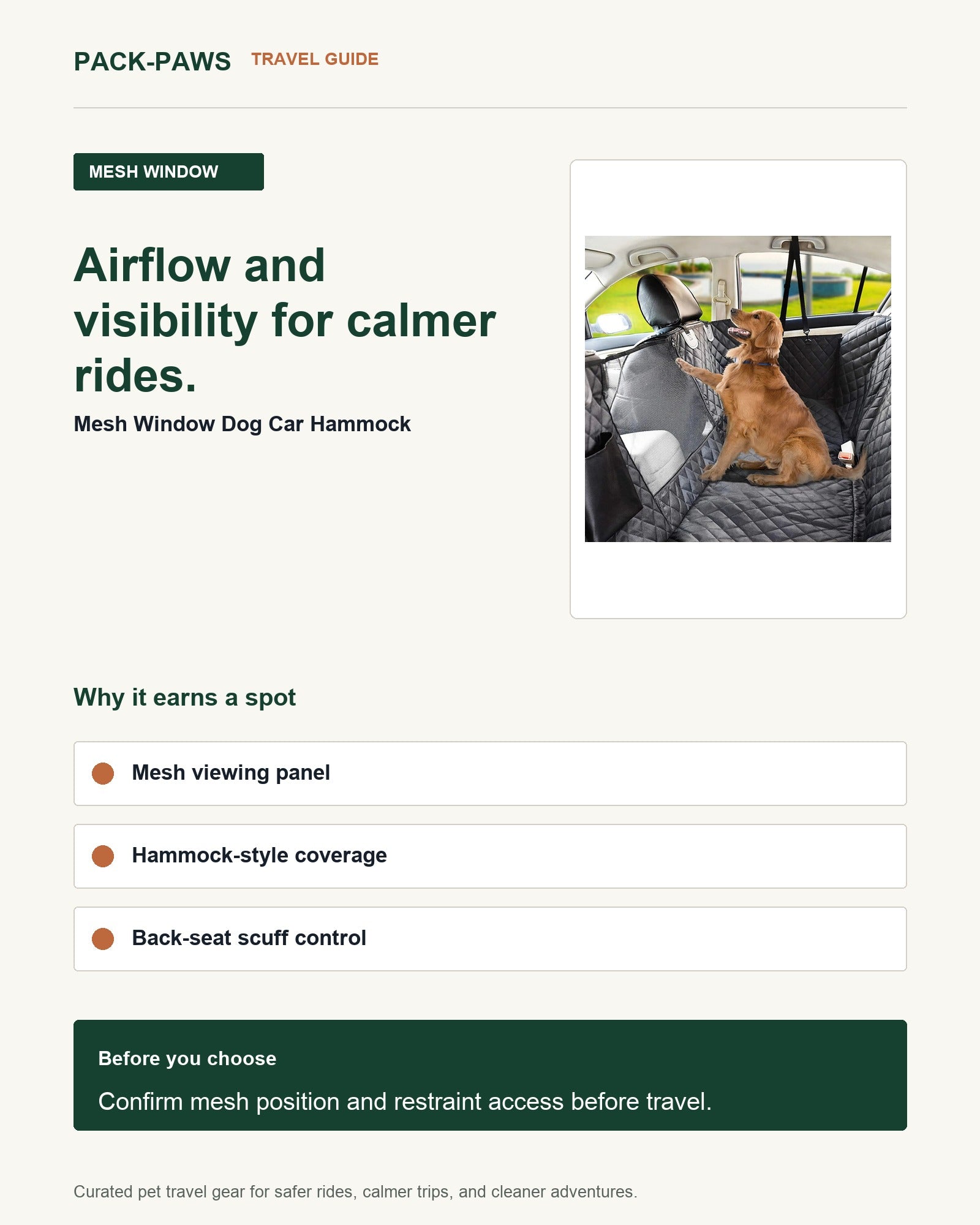 Pack-Paws travel guide card for mesh window dog car hammock