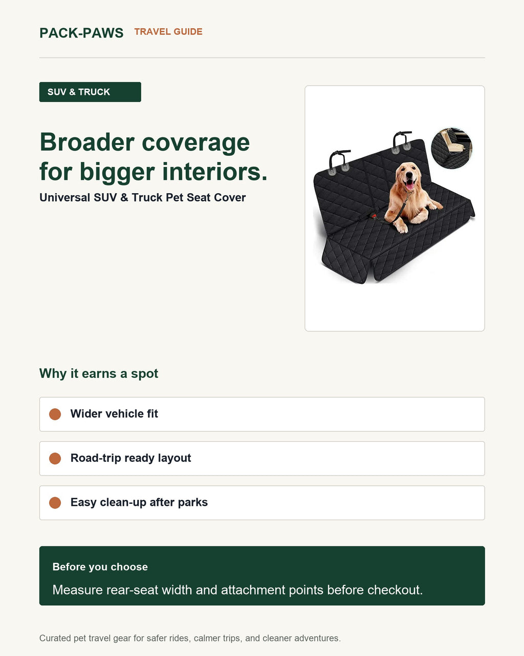 Pack-Paws travel guide card for universal suv & truck pet seat cover