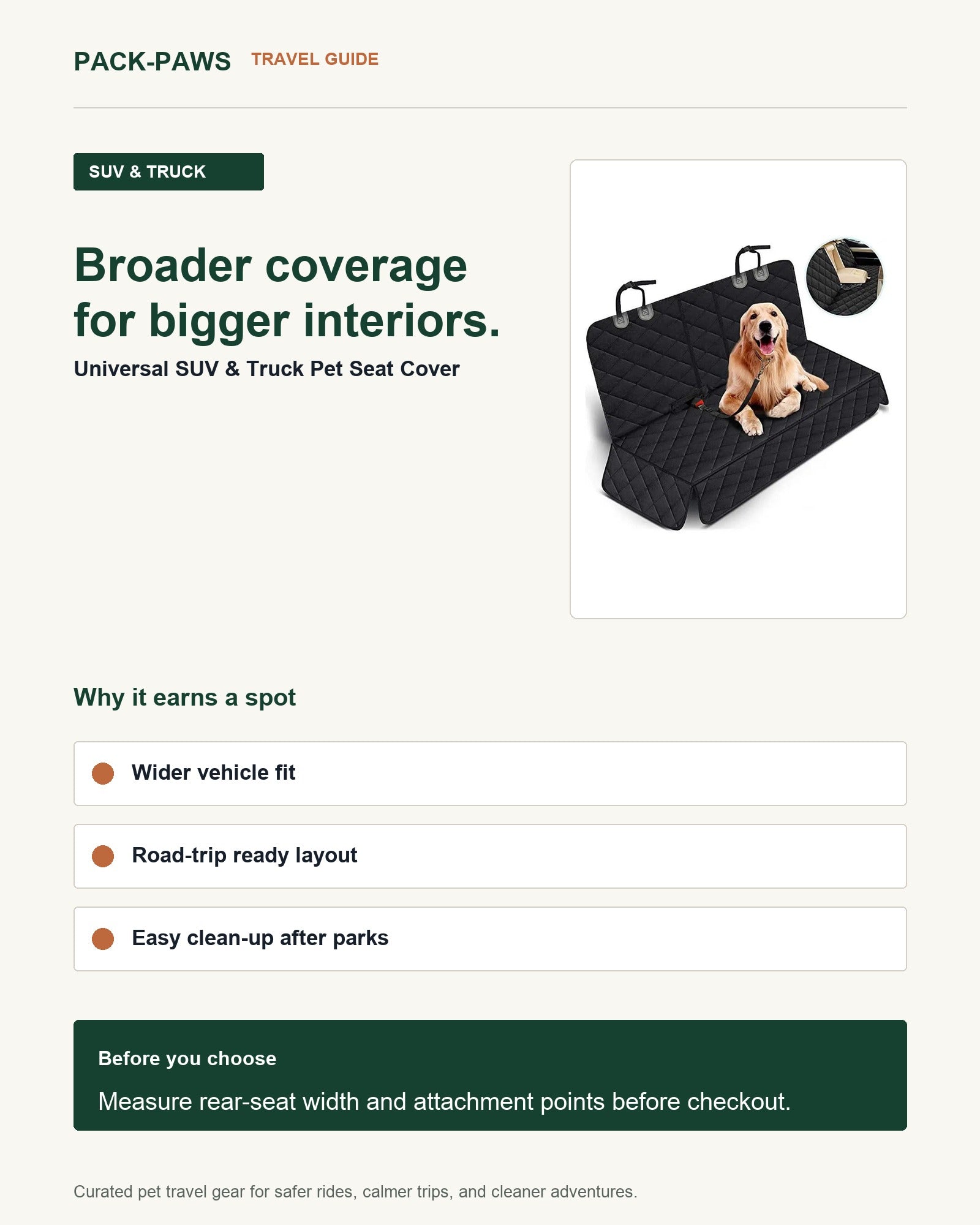 Pack-Paws travel guide card for universal suv & truck pet seat cover