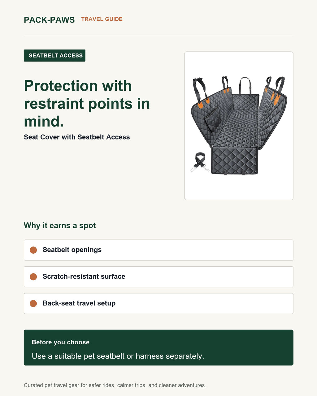 Pack-Paws travel guide card for seat cover with seatbelt access