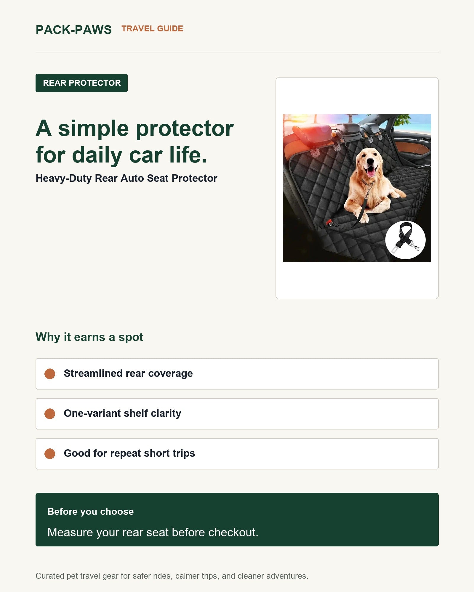 Pack-Paws travel guide card for heavy-duty rear auto seat protector