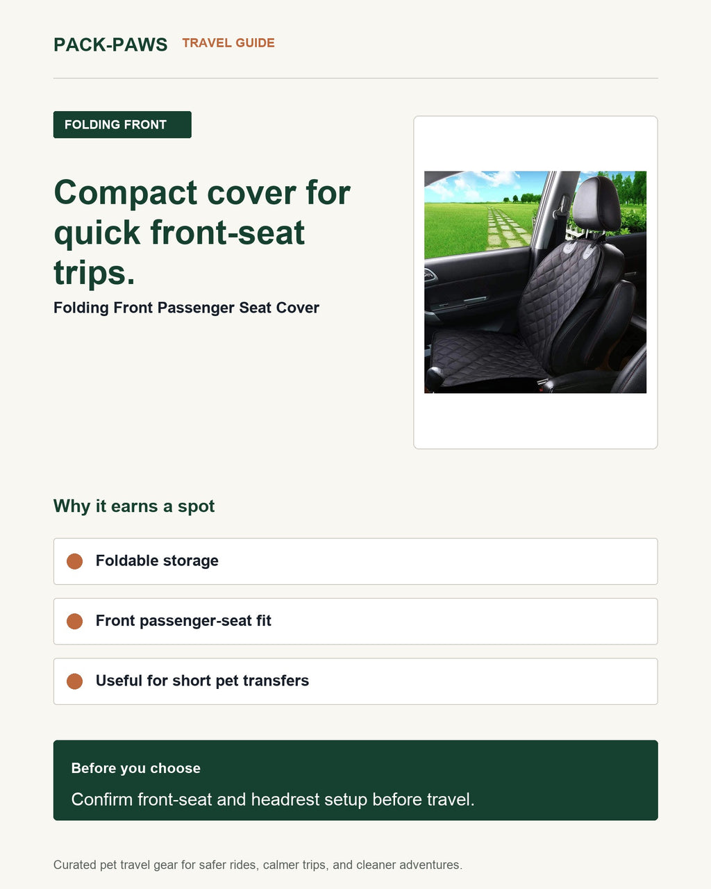 Pack-Paws travel guide card for folding front passenger seat cover