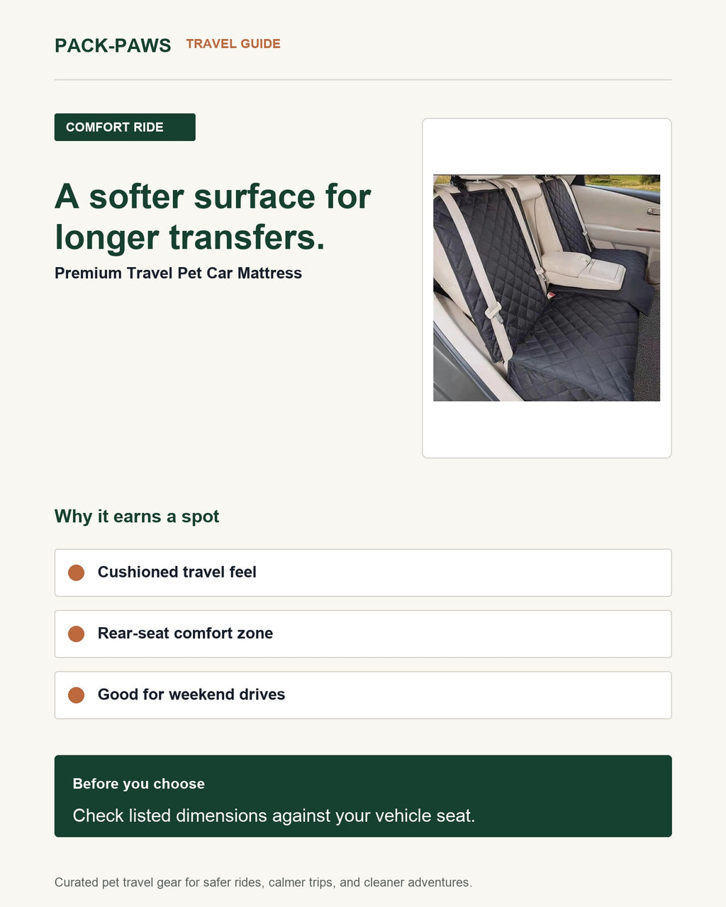 Pack-Paws travel guide card for premium travel pet car mattress