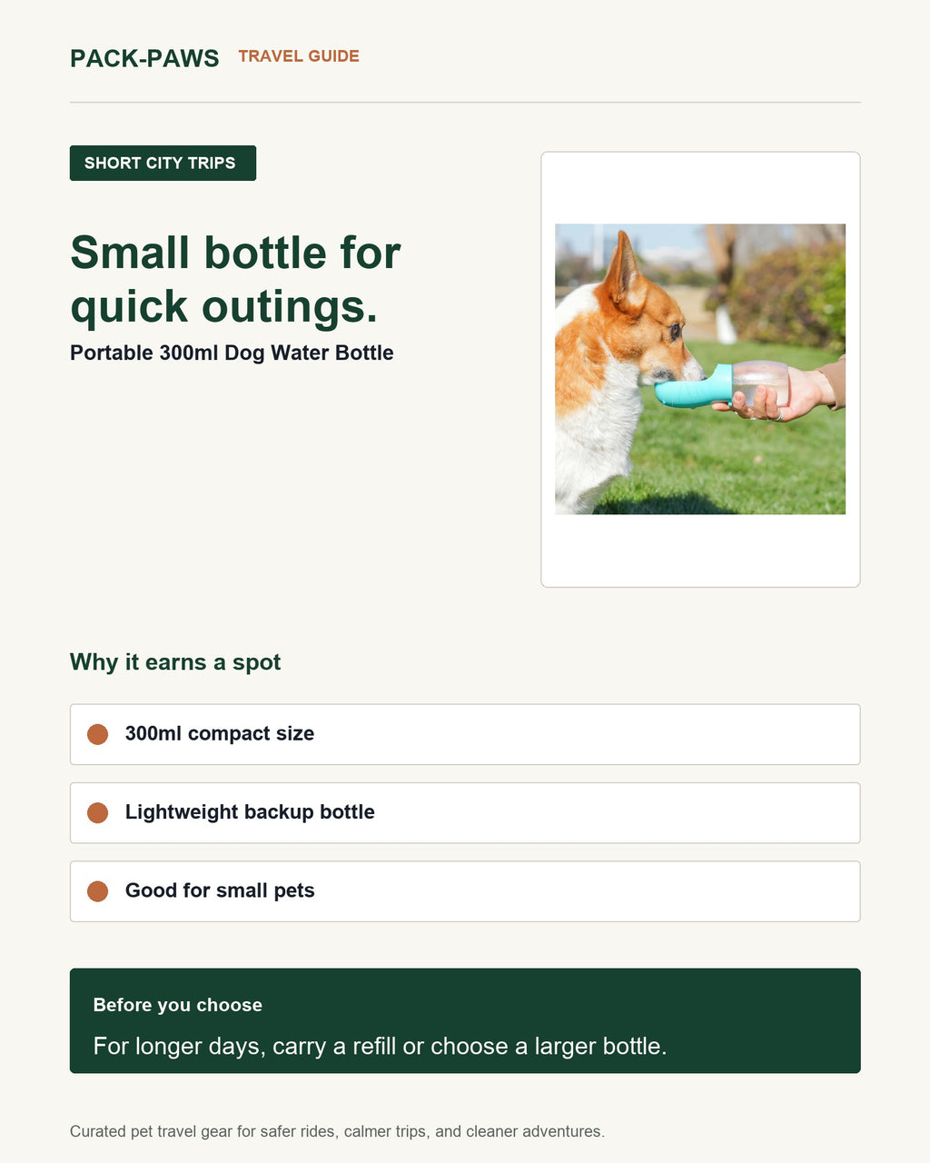 Pack-Paws travel guide card for portable 300ml dog water bottle
