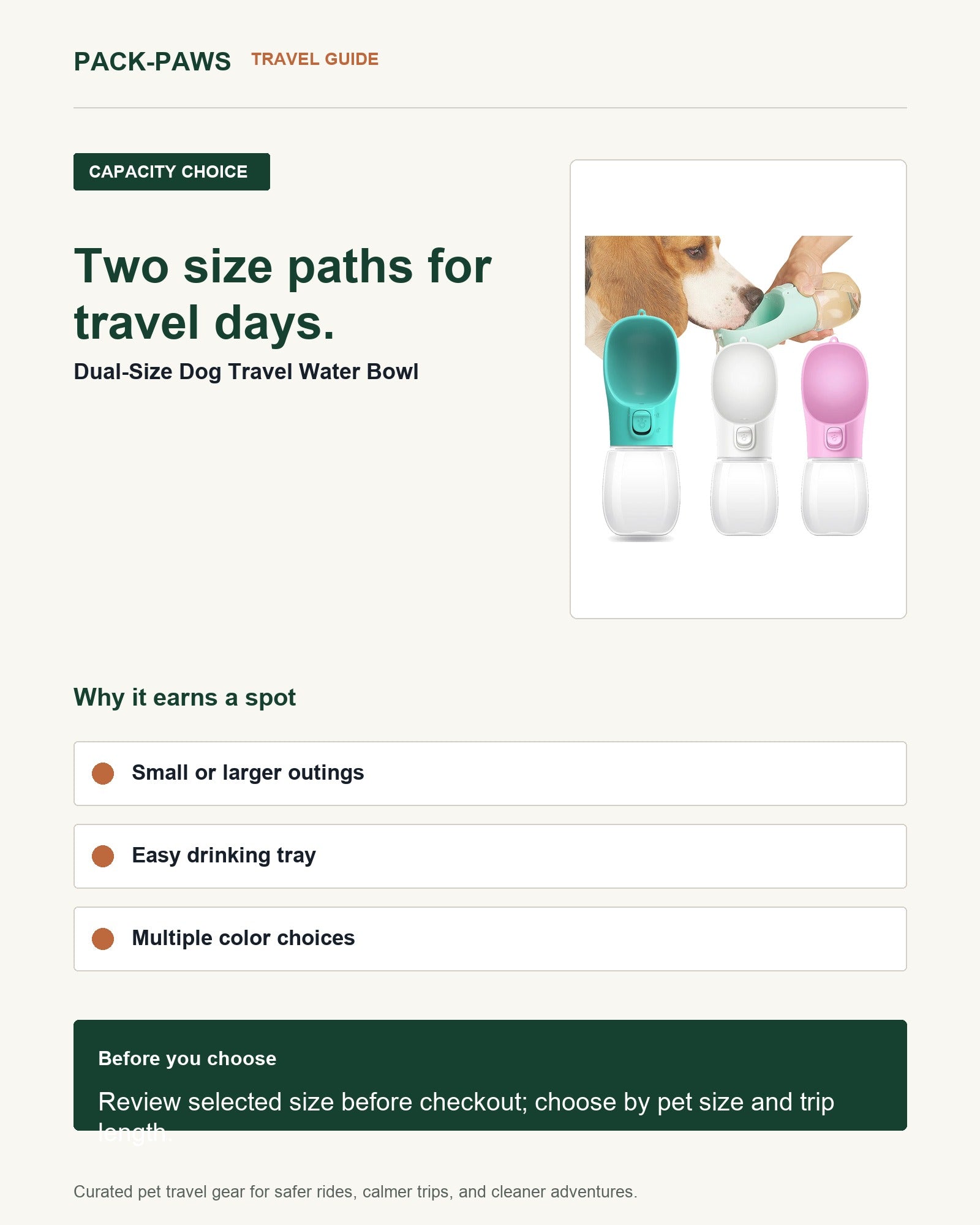 Pack-Paws travel guide card for dual-size dog travel water bowl