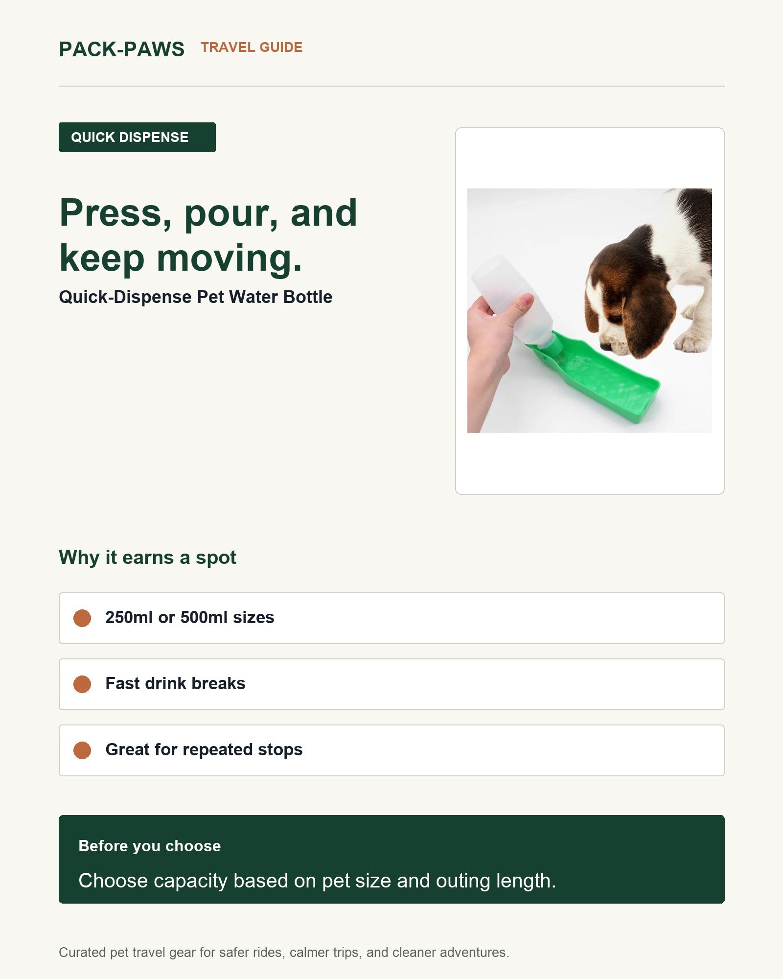 Pack-Paws travel guide card for quick-dispense pet water bottle