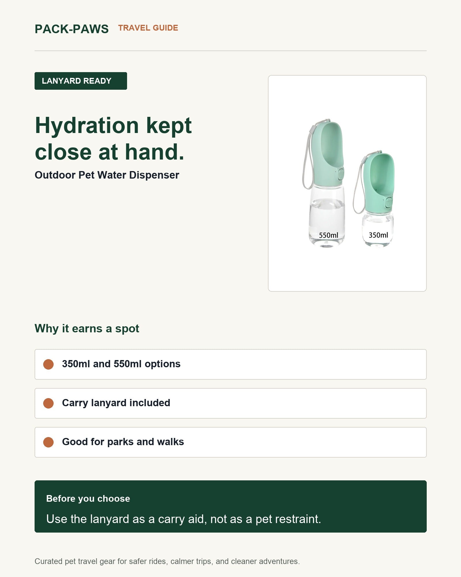 Pack-Paws travel guide card for outdoor pet water dispenser