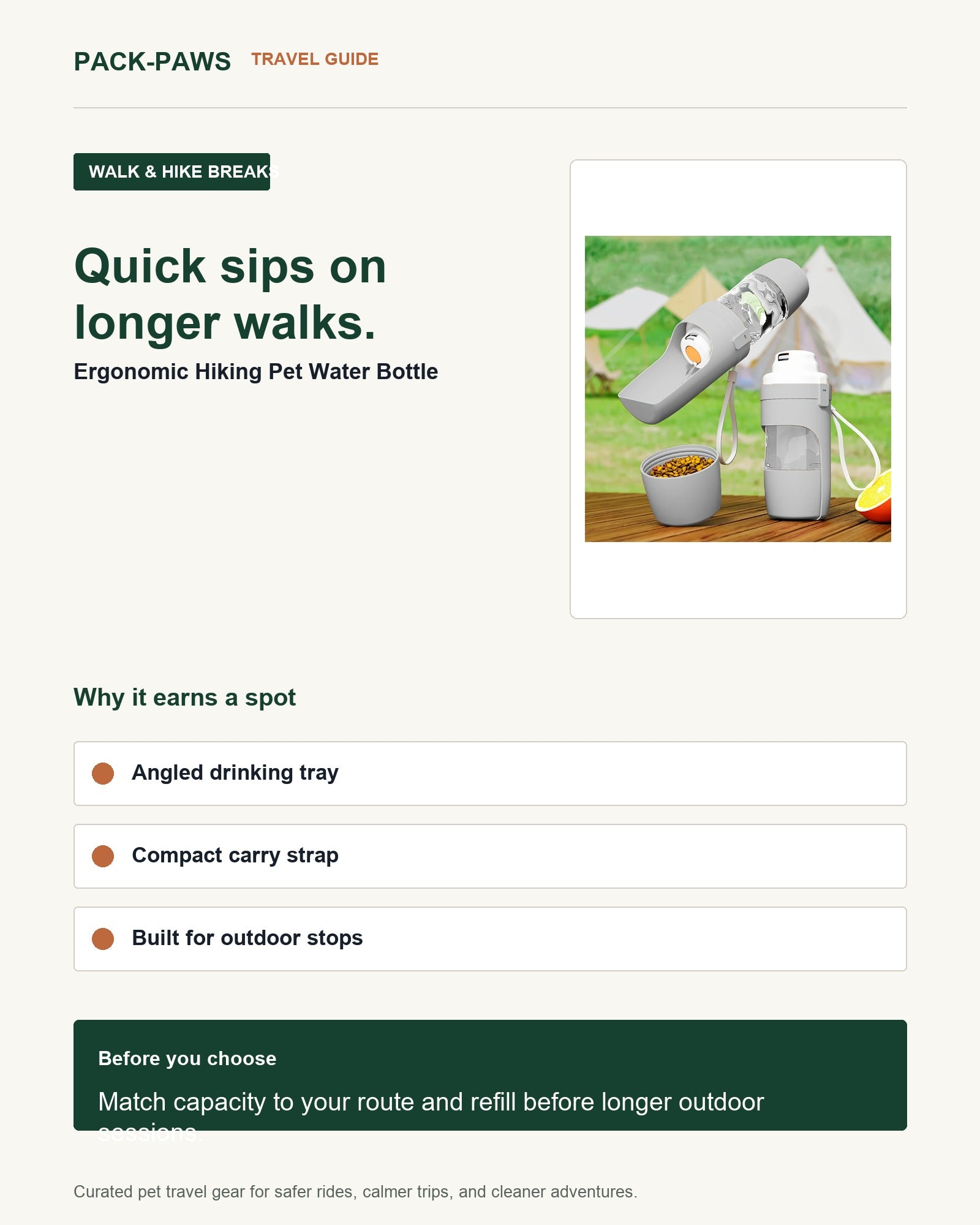 Pack-Paws travel guide card for ergonomic hiking pet water bottle