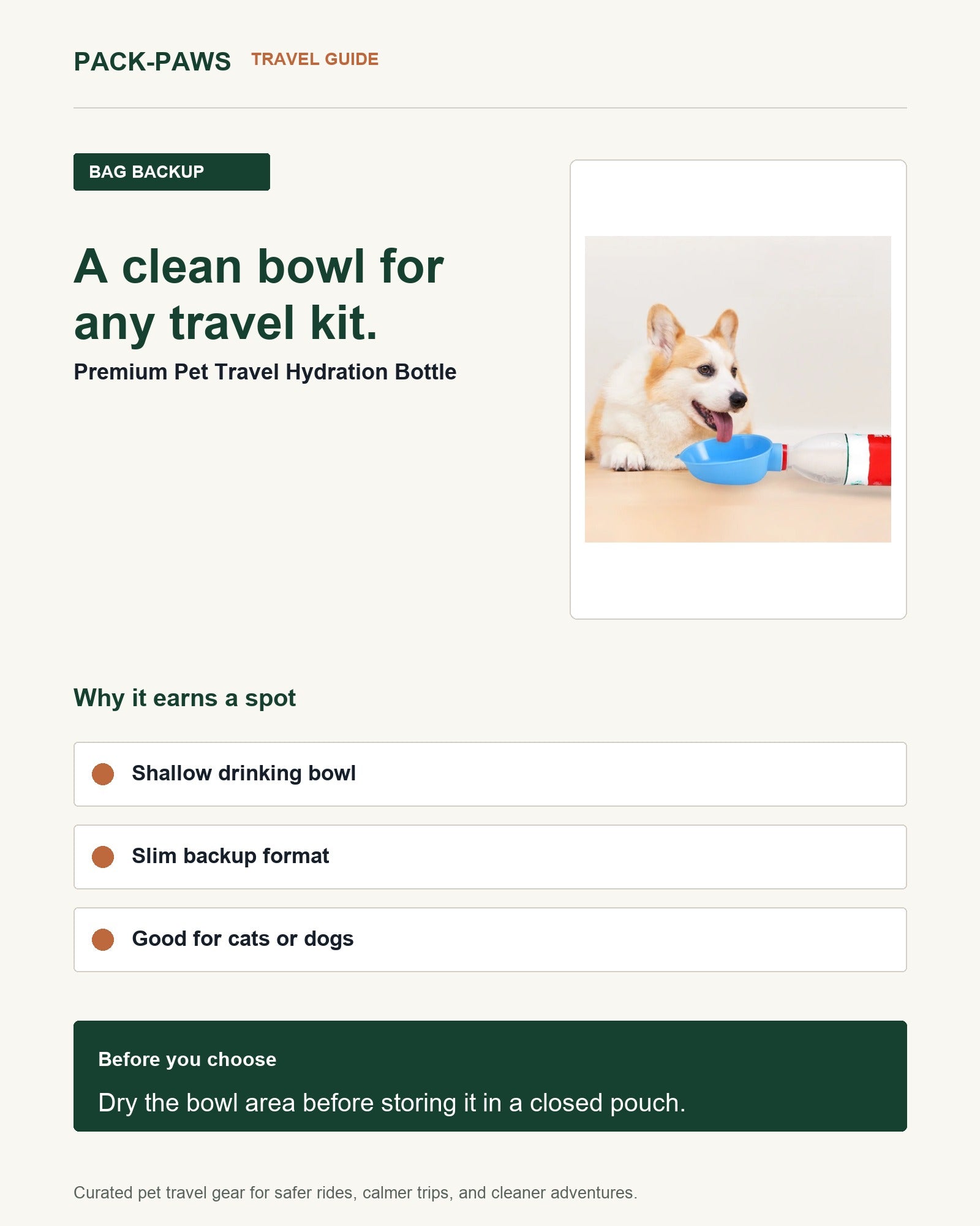 Pack-Paws travel guide card for premium pet travel hydration bottle