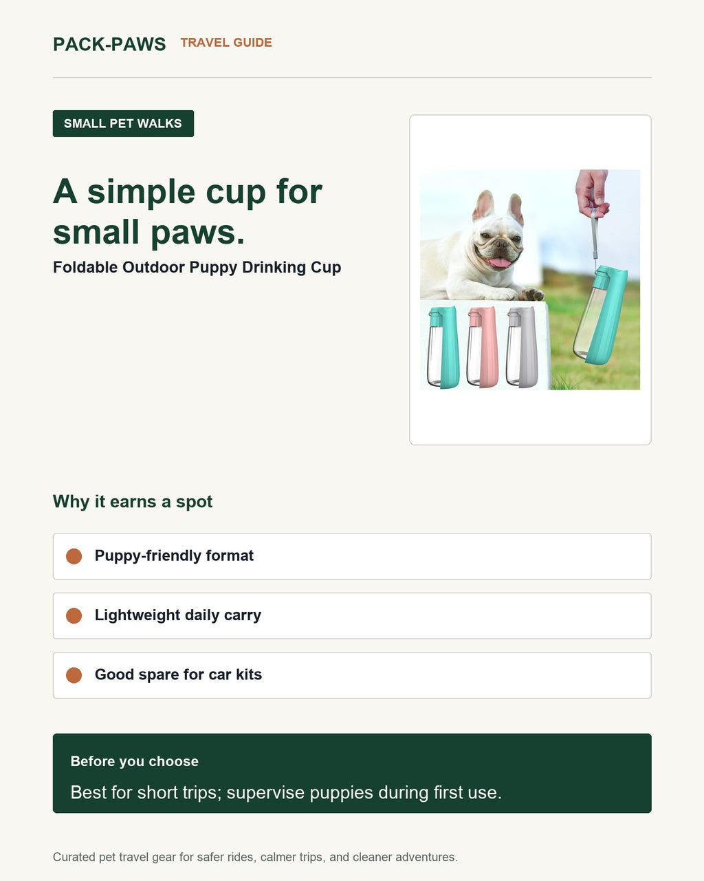 Pack-Paws travel guide card for foldable outdoor puppy drinking cup