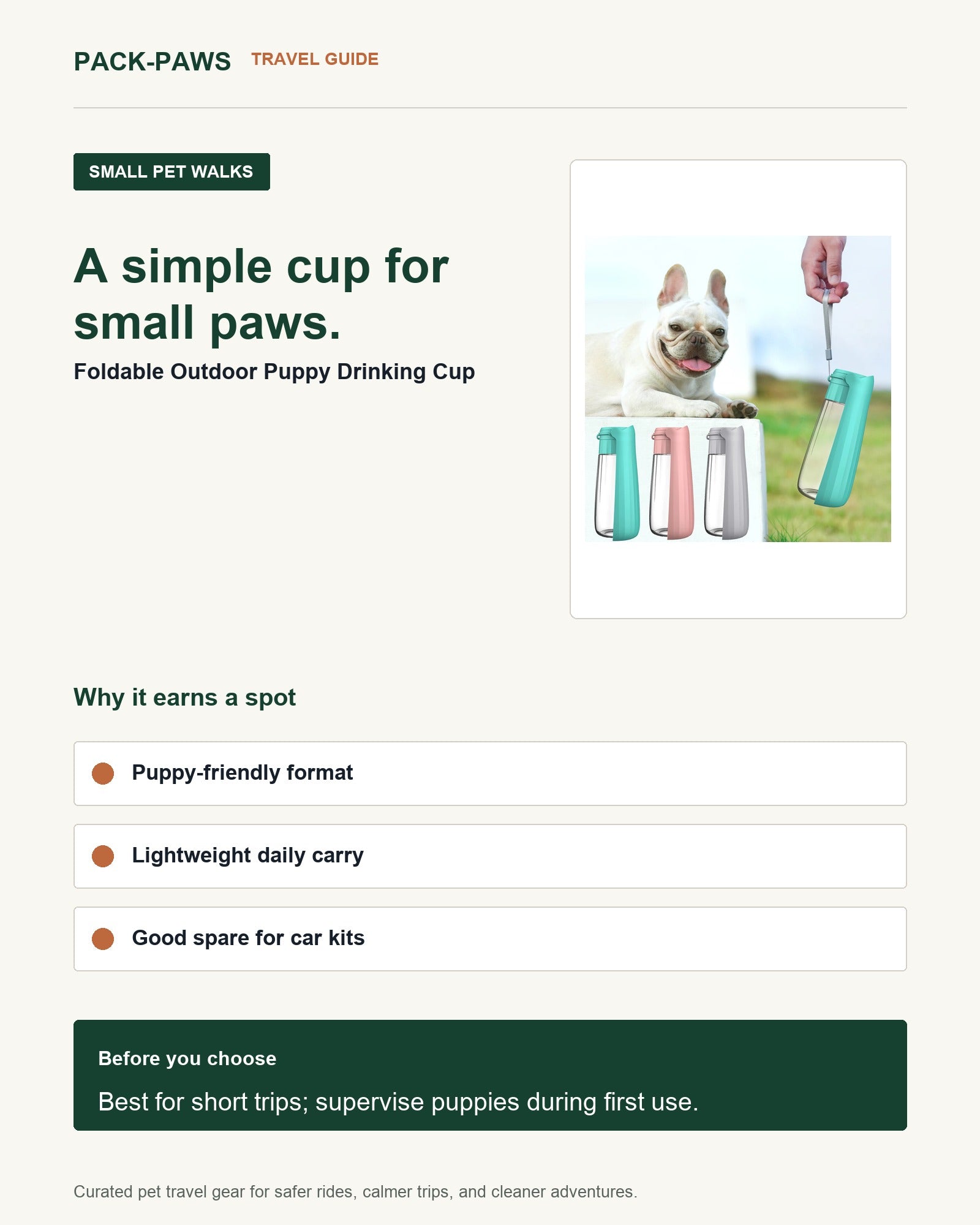 Pack-Paws travel guide card for foldable outdoor puppy drinking cup