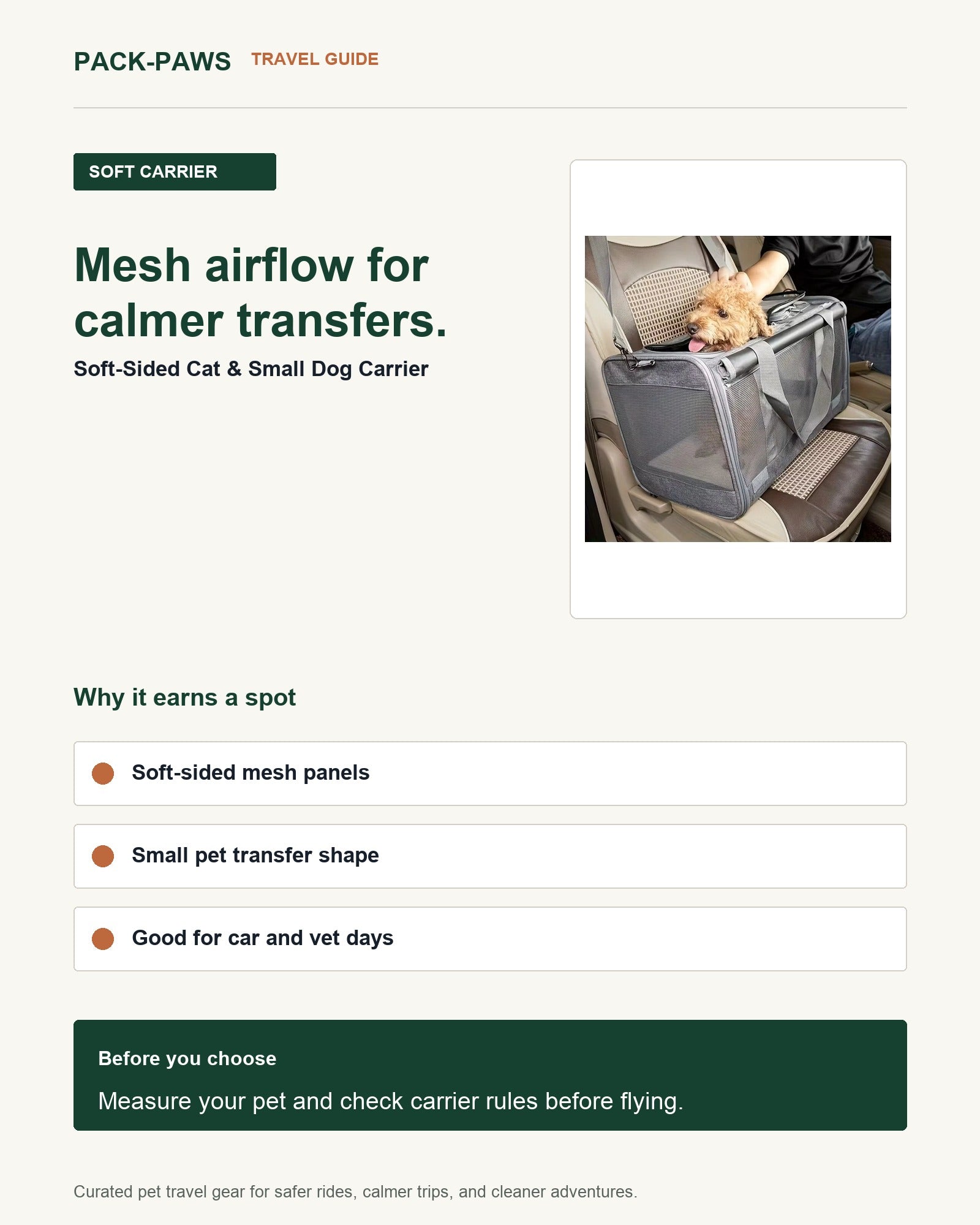 Pack-Paws travel guide card for soft-sided cat & small dog carrier