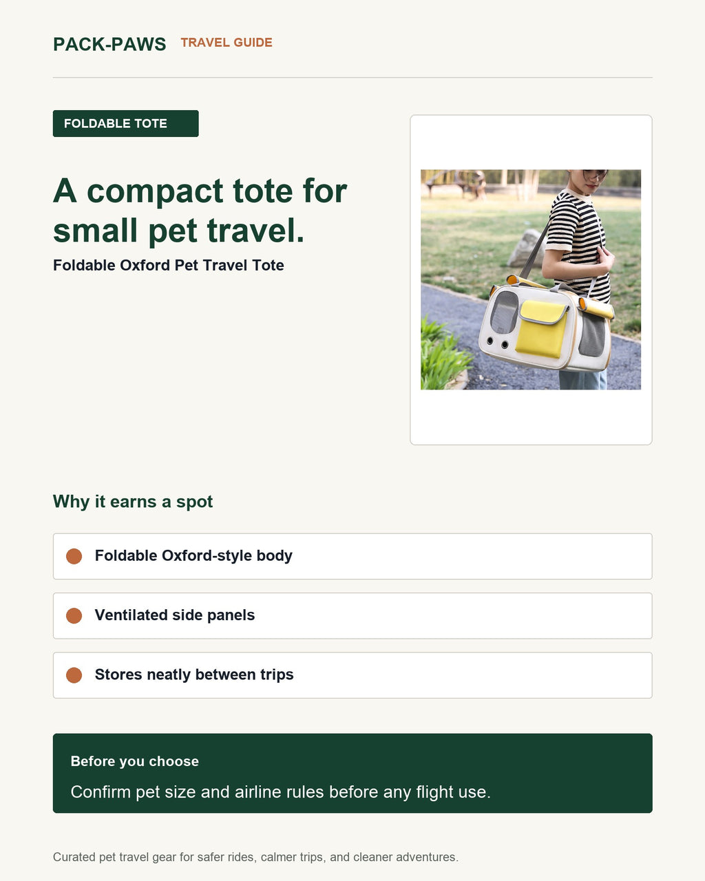 Pack-Paws travel guide card for foldable oxford pet travel tote