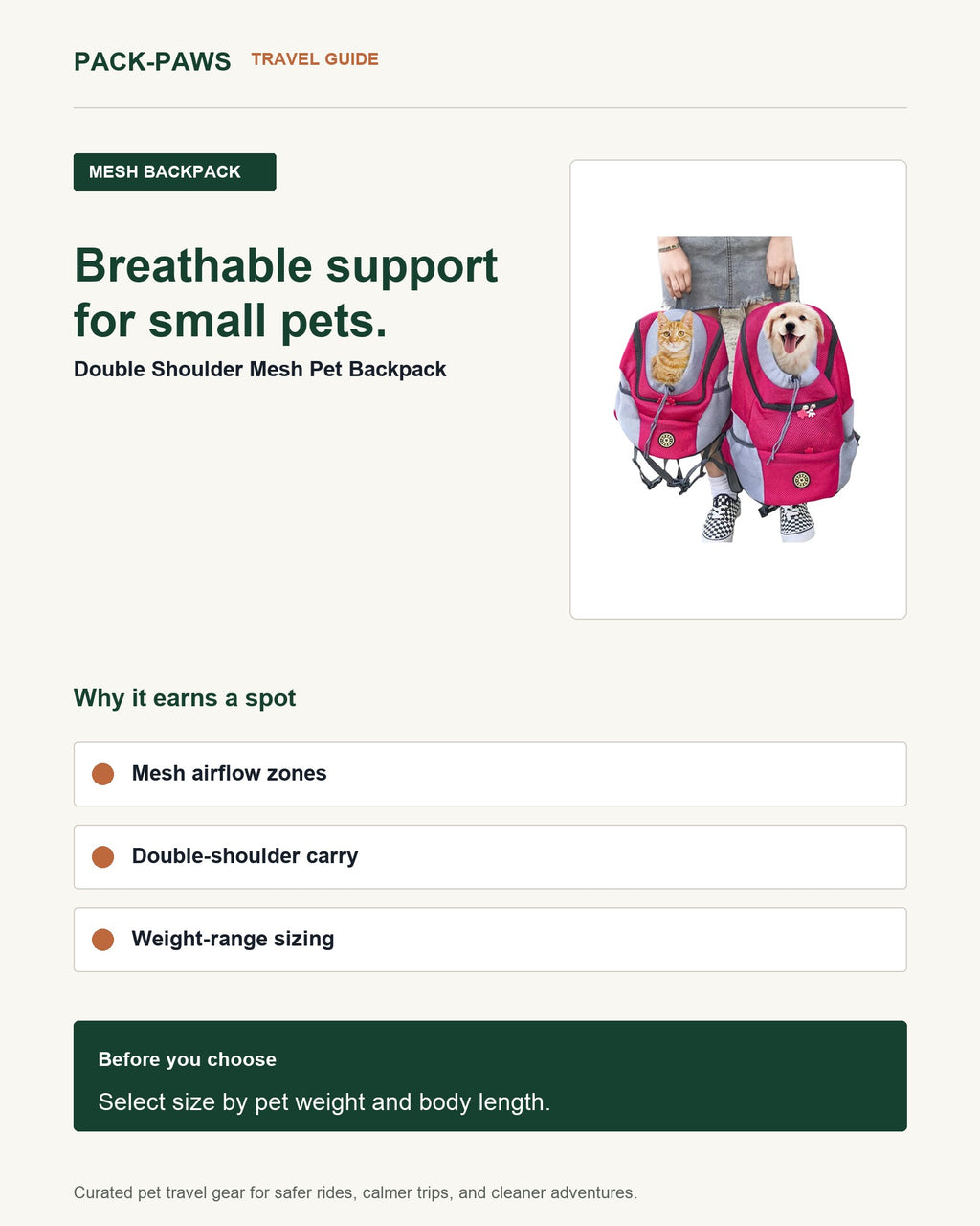 Pack-Paws travel guide card for double shoulder mesh pet backpack