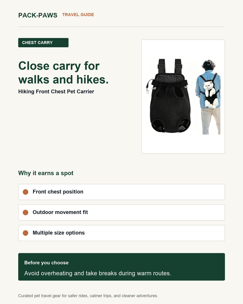 Pack-Paws travel guide card for hiking front chest pet carrier