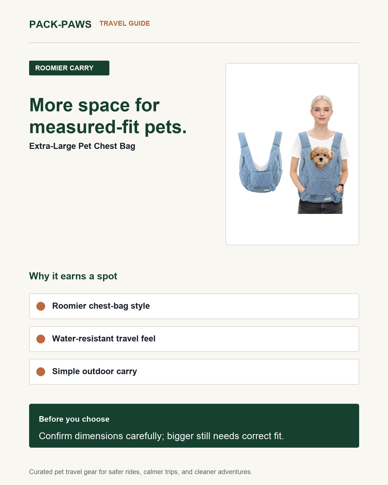 Pack-Paws travel guide card for extra-large pet chest bag