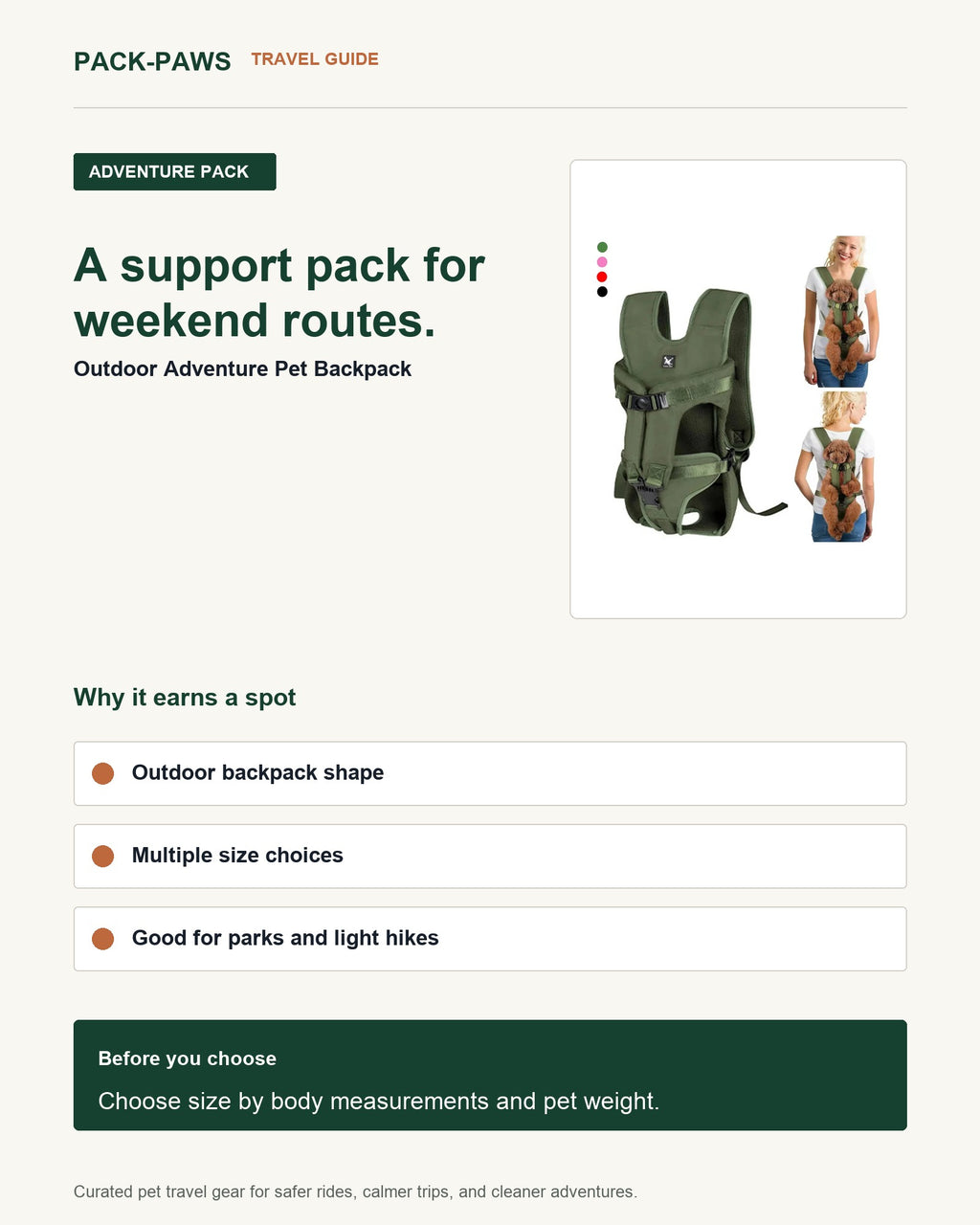 Pack-Paws travel guide card for outdoor adventure pet backpack