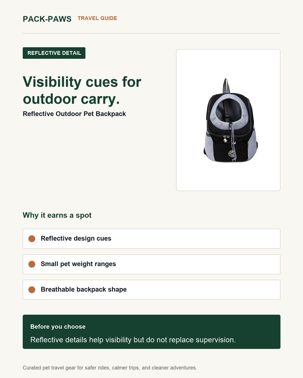 Pack-Paws travel guide card for reflective outdoor pet backpack