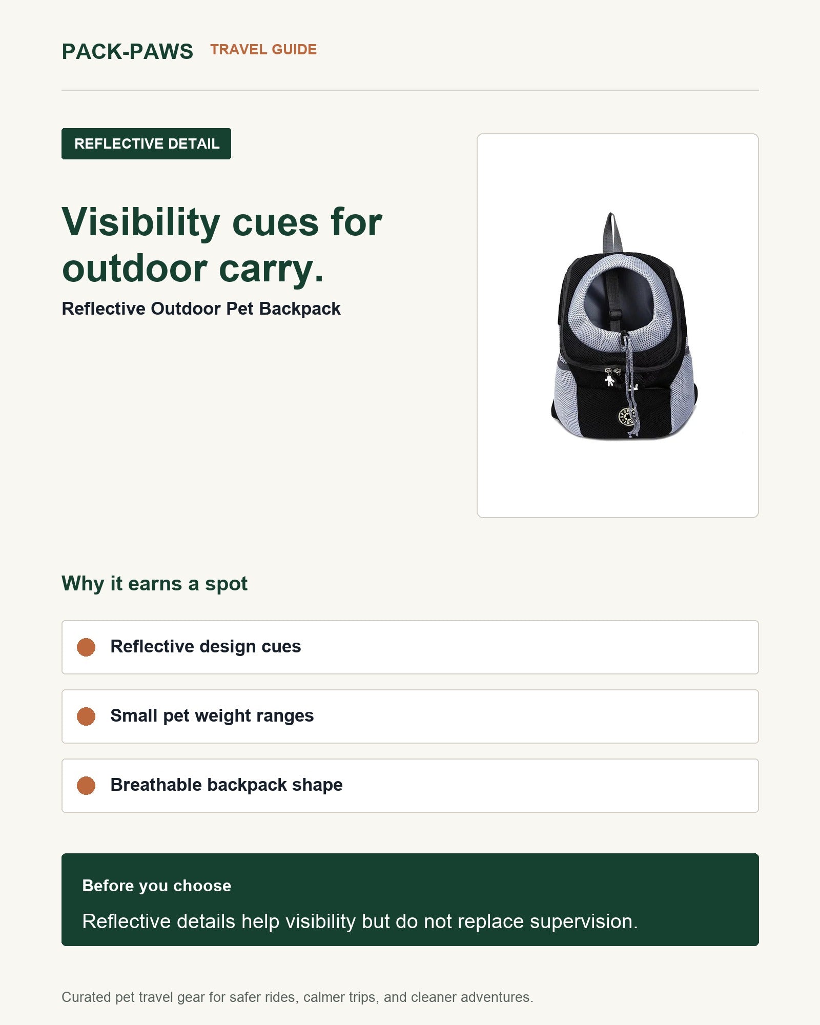 Pack-Paws travel guide card for reflective outdoor pet backpack